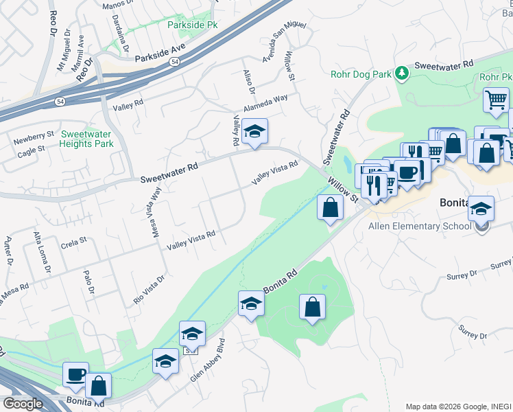 map of restaurants, bars, coffee shops, grocery stores, and more near 3698 Valley Vista Road in Bonita