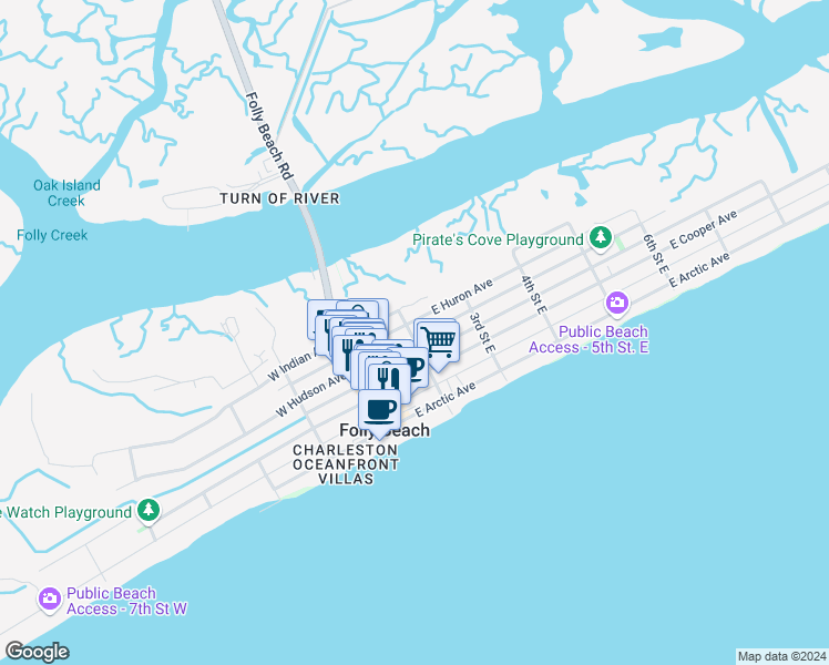 map of restaurants, bars, coffee shops, grocery stores, and more near 202 East Hudson Avenue in Folly Beach