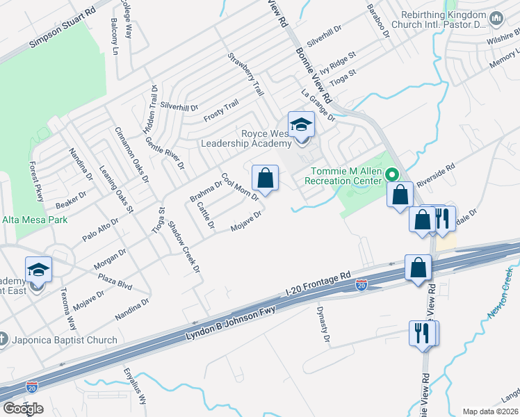 map of restaurants, bars, coffee shops, grocery stores, and more near 6675 Cool Morn Drive in Dallas
