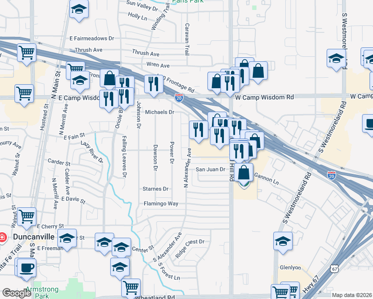 map of restaurants, bars, coffee shops, grocery stores, and more near 607 North Alexander Avenue in Duncanville