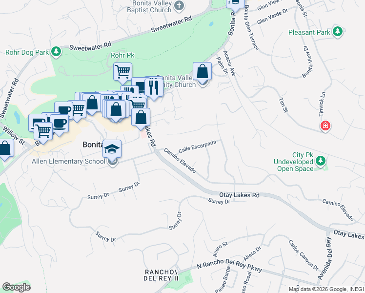 map of restaurants, bars, coffee shops, grocery stores, and more near 1034 Calle Escarpada in Bonita