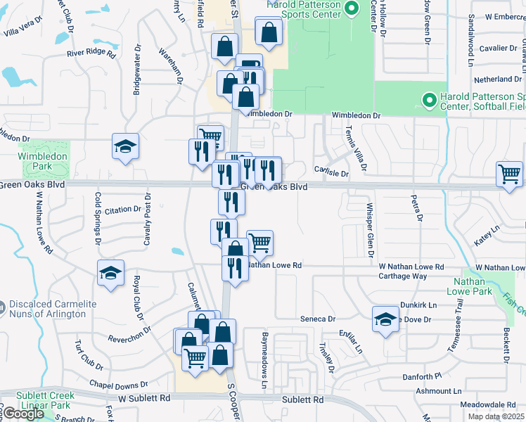 map of restaurants, bars, coffee shops, grocery stores, and more near 5425 South Cooper Street in Arlington