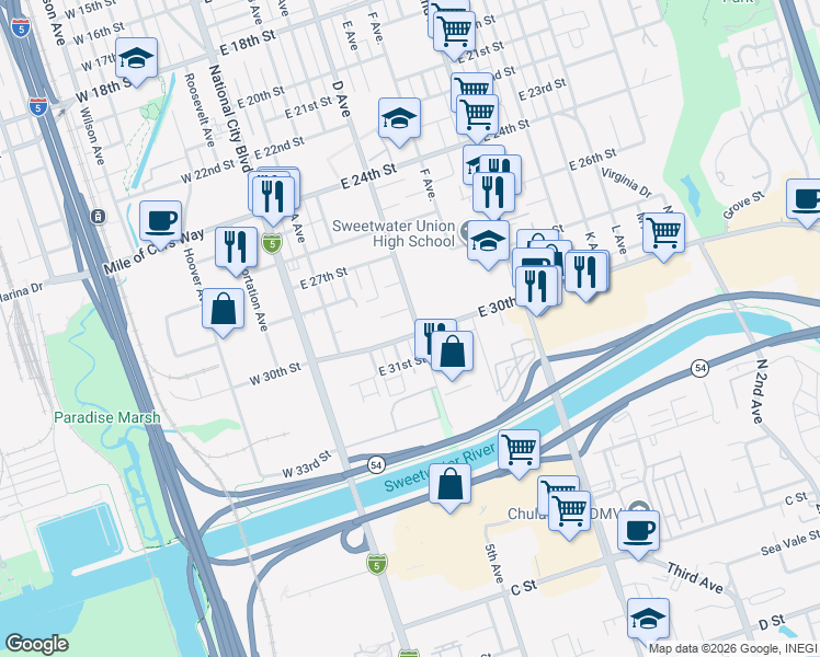 map of restaurants, bars, coffee shops, grocery stores, and more near 341 East 30th Street in National City