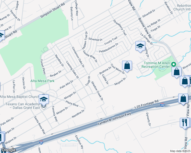 map of restaurants, bars, coffee shops, grocery stores, and more near 6605 Happy Trails Drive in Dallas