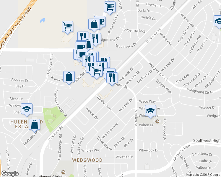 map of restaurants, bars, coffee shops, grocery stores, and more near 6108 S Hulen St in Fort Worth