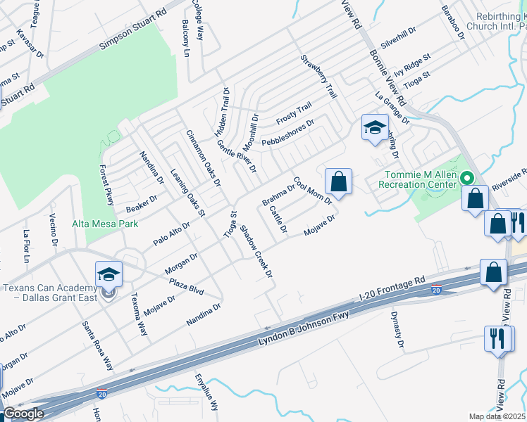 map of restaurants, bars, coffee shops, grocery stores, and more near 6612 Happy Trails Drive in Dallas