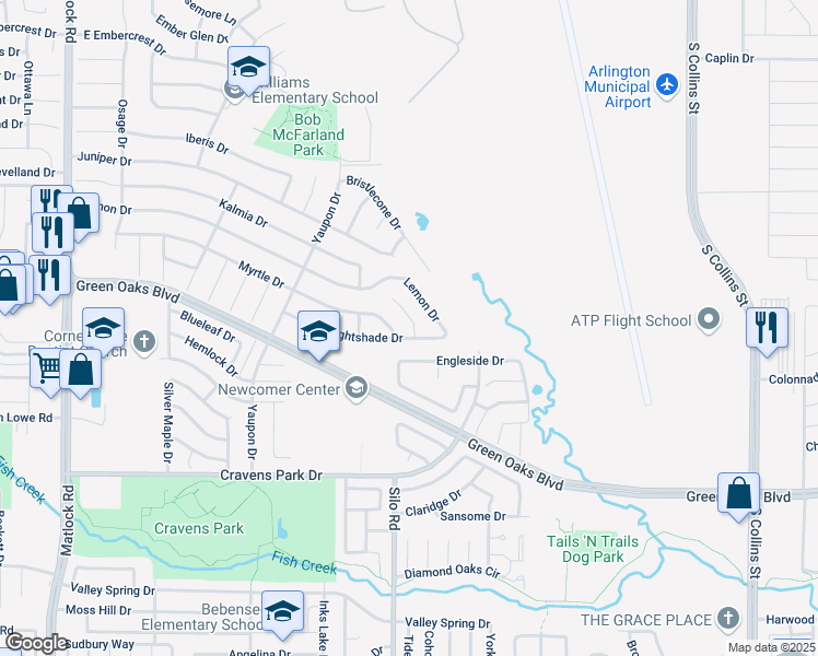 map of restaurants, bars, coffee shops, grocery stores, and more near 625 Nightshade Drive in Arlington