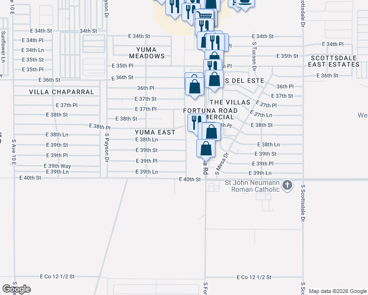 map of restaurants, bars, coffee shops, grocery stores, and more near S Prescott Ave in Yuma