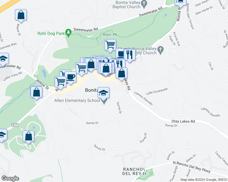 map of restaurants, bars, coffee shops, grocery stores, and more near 4429 Loma Paseo in Bonita