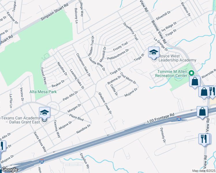 map of restaurants, bars, coffee shops, grocery stores, and more near 6615 Cattle Drive in Dallas