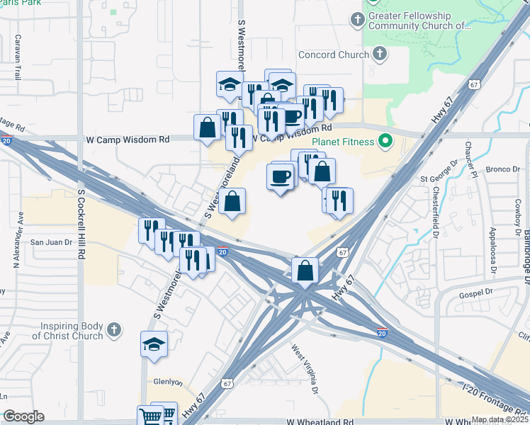 map of restaurants, bars, coffee shops, grocery stores, and more near 1700-1736 Southwest Center mall in Dallas