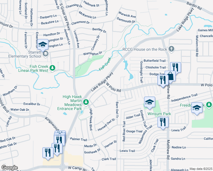 map of restaurants, bars, coffee shops, grocery stores, and more near 2228 Snowy Owl Street in Grand Prairie