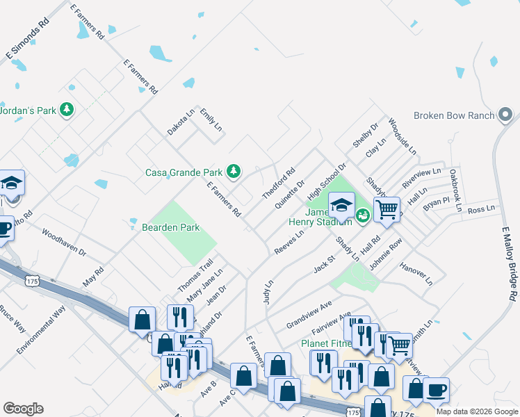 map of restaurants, bars, coffee shops, grocery stores, and more near 726 Thedford Road in Seagoville