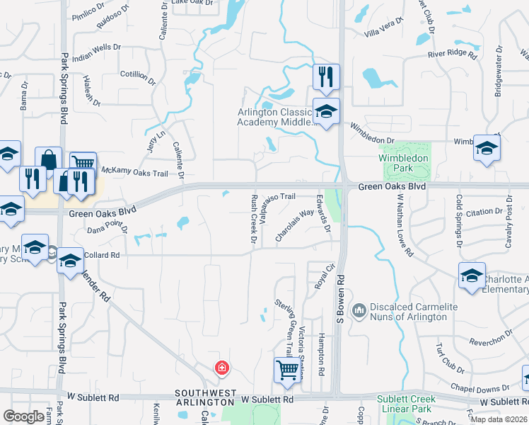 map of restaurants, bars, coffee shops, grocery stores, and more near 5406 Valparaiso Trail in Arlington