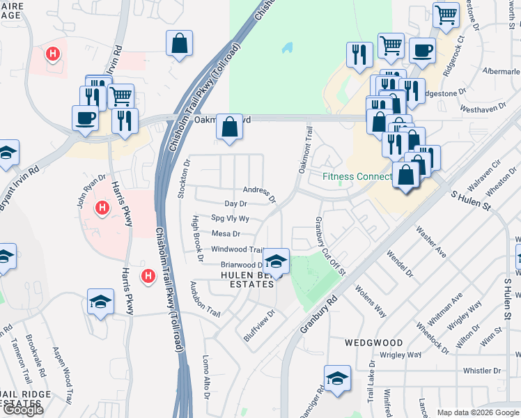 map of restaurants, bars, coffee shops, grocery stores, and more near 6708 Springvalley Way in Fort Worth