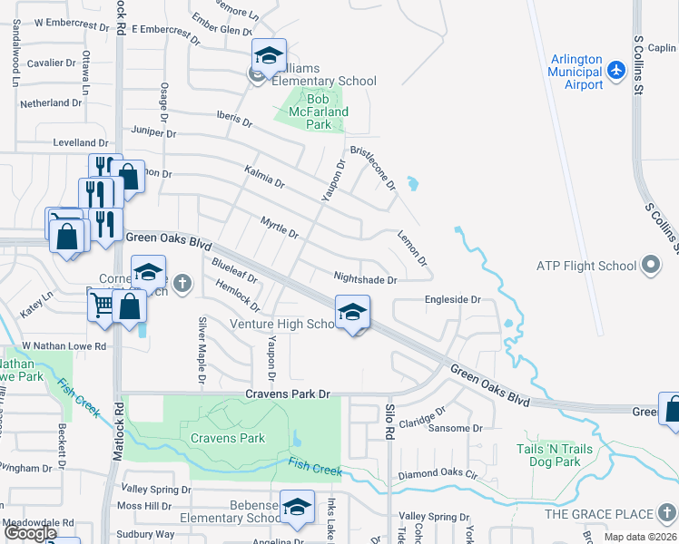 map of restaurants, bars, coffee shops, grocery stores, and more near 525 Nightshade Drive in Arlington