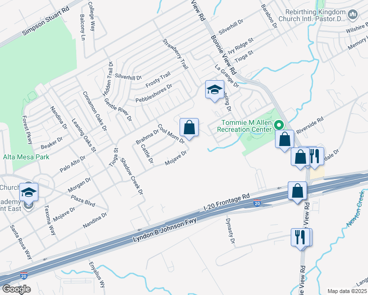 map of restaurants, bars, coffee shops, grocery stores, and more near 6671 Cool Morn Drive in Dallas