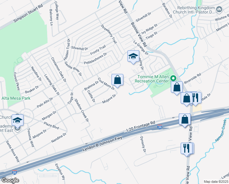 map of restaurants, bars, coffee shops, grocery stores, and more near 6671 Cool Morn Drive in Dallas