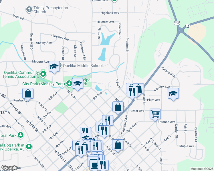 map of restaurants, bars, coffee shops, grocery stores, and more near 200 5th Avenue in Opelika