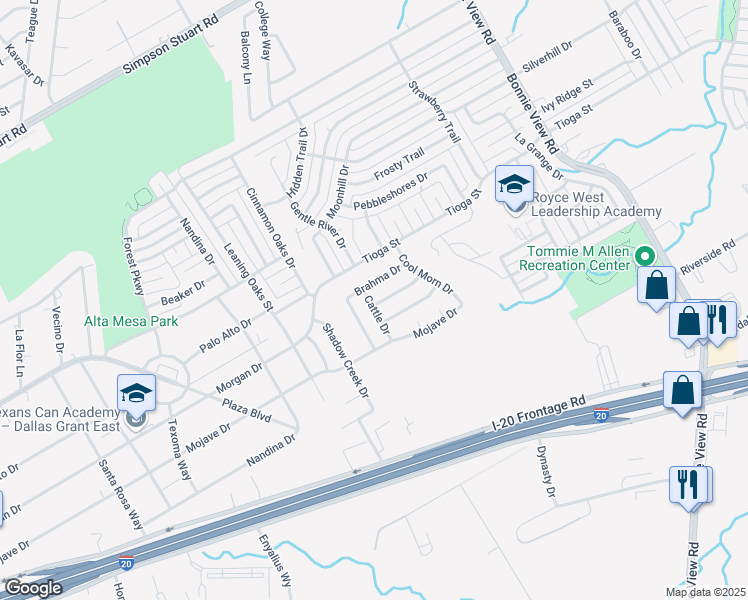 map of restaurants, bars, coffee shops, grocery stores, and more near 6615 Cattle Drive in Dallas