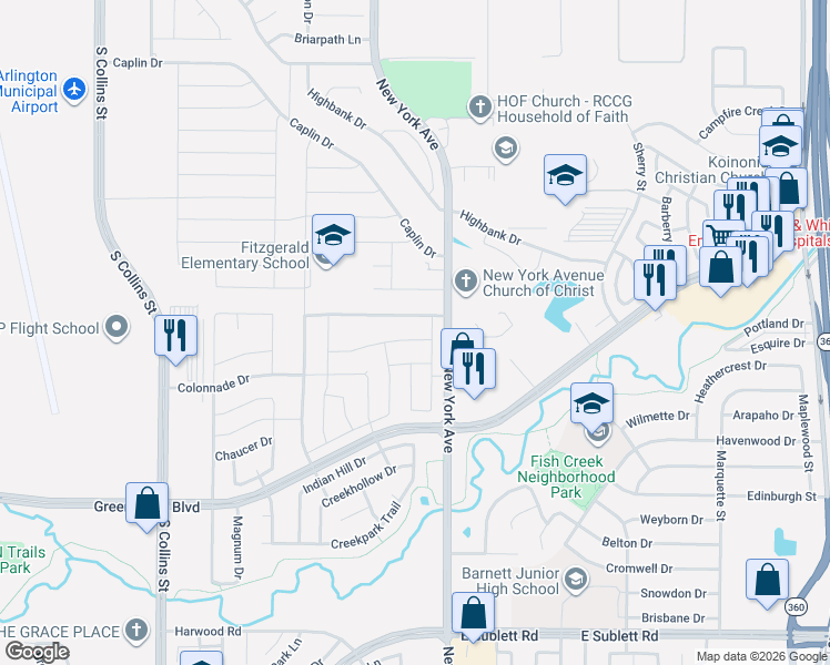 map of restaurants, bars, coffee shops, grocery stores, and more near 1802 Scottsdale Drive in Arlington
