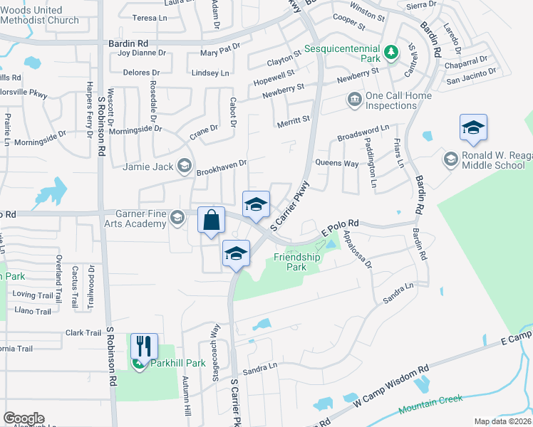 map of restaurants, bars, coffee shops, grocery stores, and more near 4584 Mountain Laurel Drive in Grand Prairie
