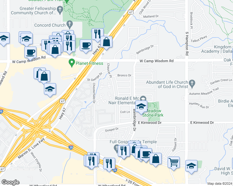 map of restaurants, bars, coffee shops, grocery stores, and more near 2963 Appaloosa Drive in Dallas