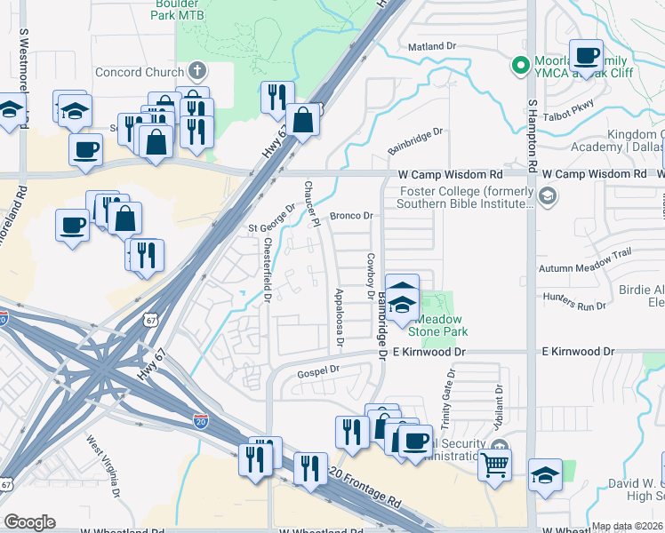 map of restaurants, bars, coffee shops, grocery stores, and more near 2963 Appaloosa Drive in Dallas