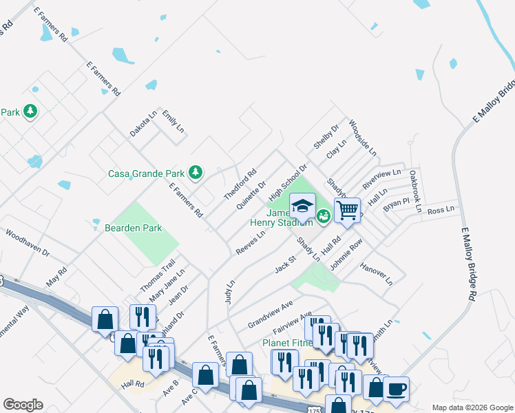 map of restaurants, bars, coffee shops, grocery stores, and more near 1107 Shady Lane in Seagoville