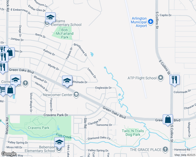 map of restaurants, bars, coffee shops, grocery stores, and more near 647 Lemon Drive in Arlington