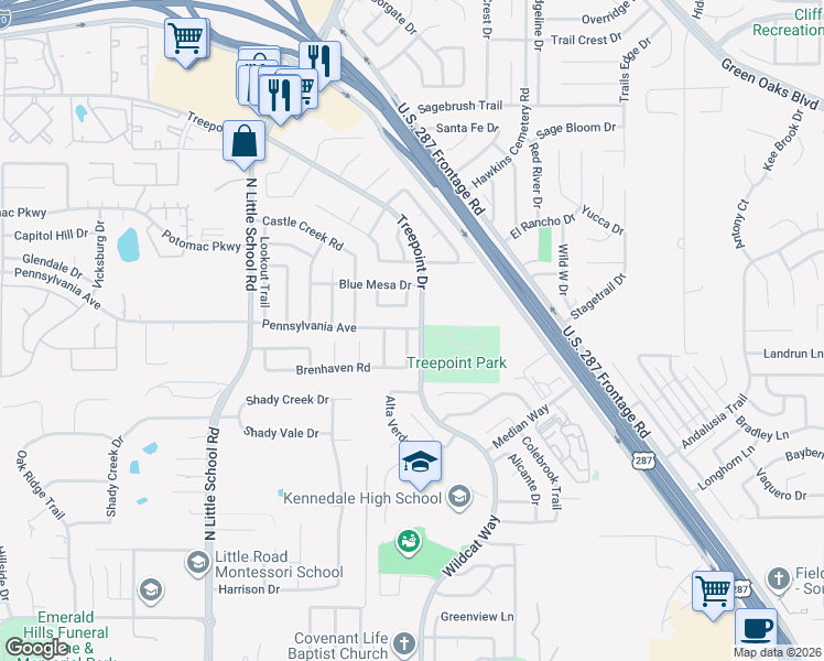 map of restaurants, bars, coffee shops, grocery stores, and more near 5503 Gateway Lane in Arlington