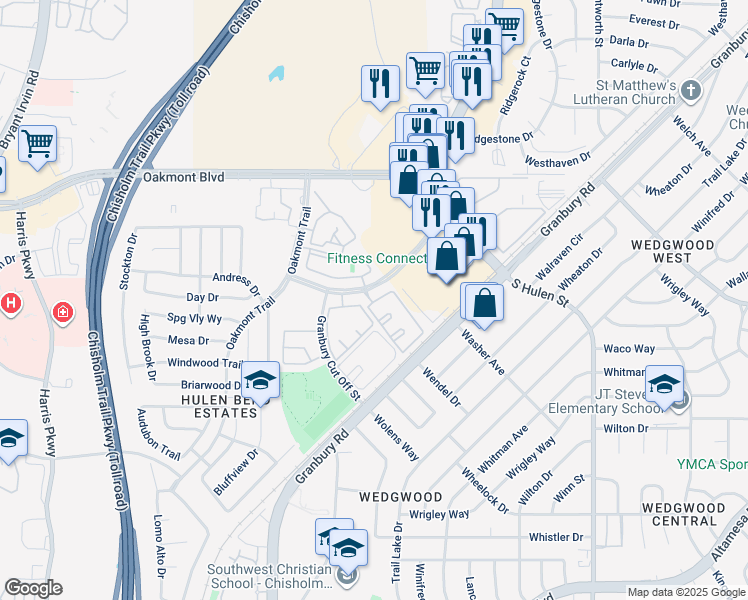 map of restaurants, bars, coffee shops, grocery stores, and more near 6355 Hulen Bend Lane in Fort Worth