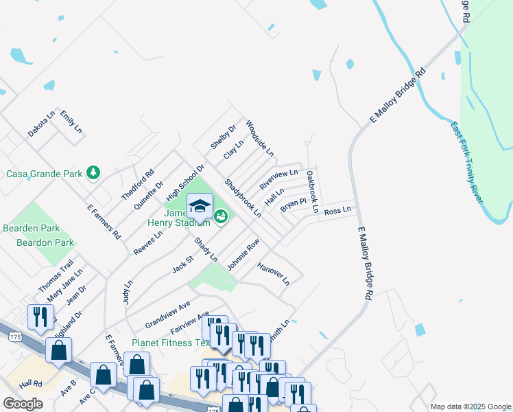 map of restaurants, bars, coffee shops, grocery stores, and more near 801 Shadybrook Lane in Seagoville