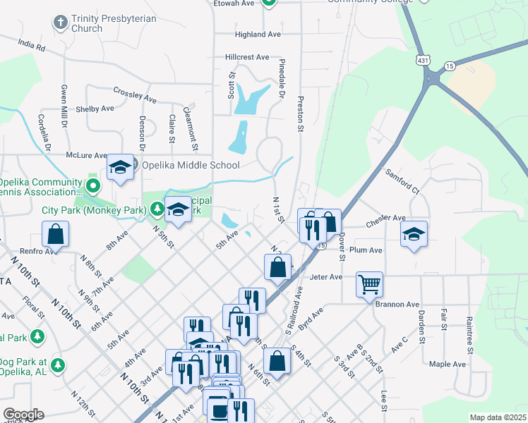 map of restaurants, bars, coffee shops, grocery stores, and more near 200 5th Avenue in Opelika