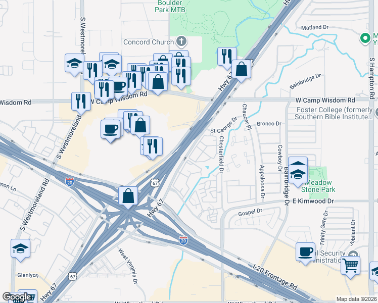 map of restaurants, bars, coffee shops, grocery stores, and more near 7296 Marvin D Love Freeway in Dallas