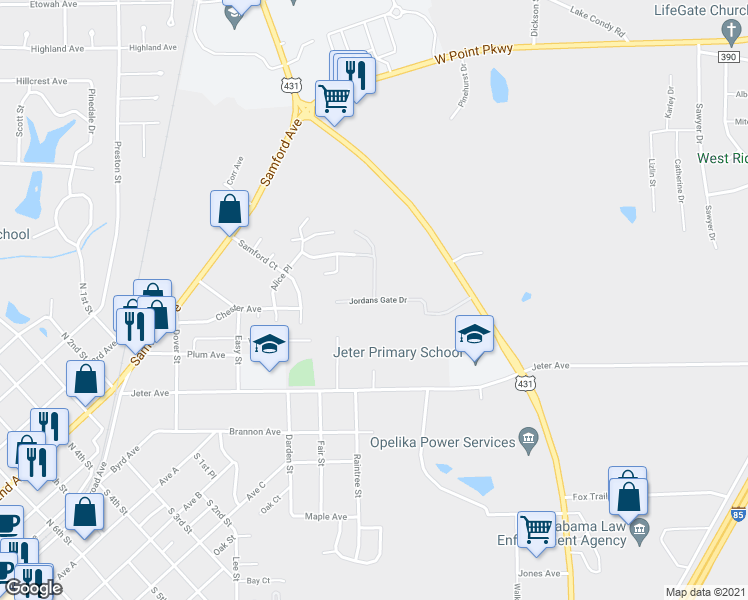 map of restaurants, bars, coffee shops, grocery stores, and more near 399 Jordans Gate Drive in Opelika