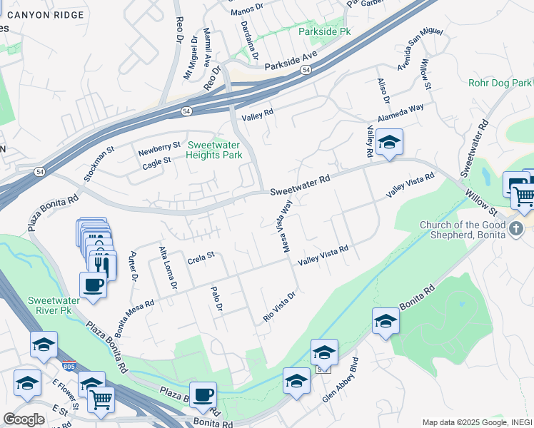 map of restaurants, bars, coffee shops, grocery stores, and more near 3680 Mesa Vista Way in Bonita