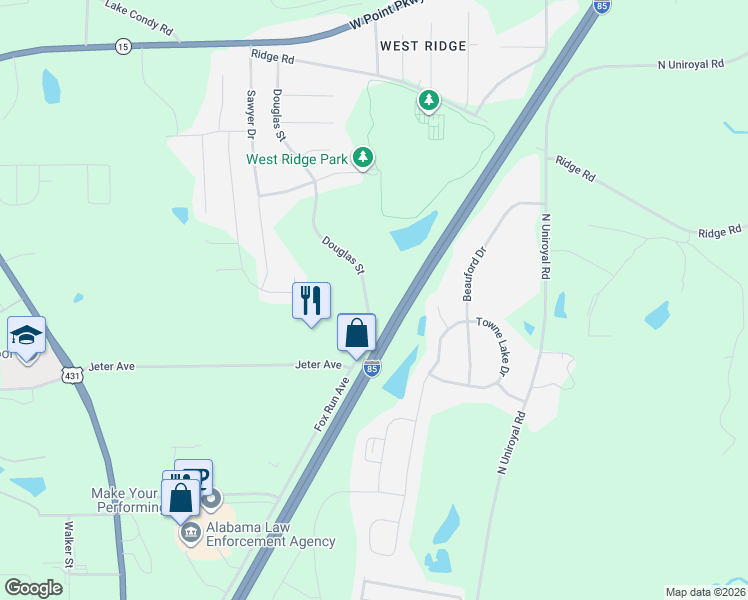 map of restaurants, bars, coffee shops, grocery stores, and more near Douglas Street in Opelika