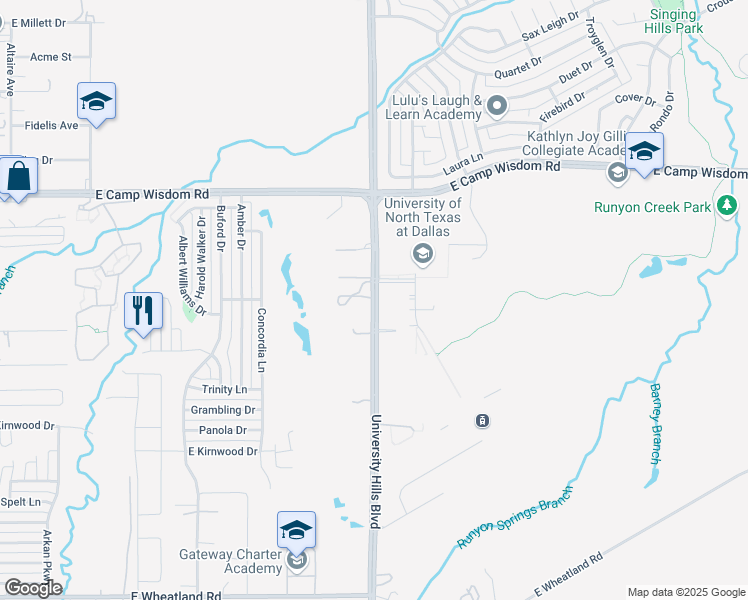 map of restaurants, bars, coffee shops, grocery stores, and more near Houston School Road in Dallas