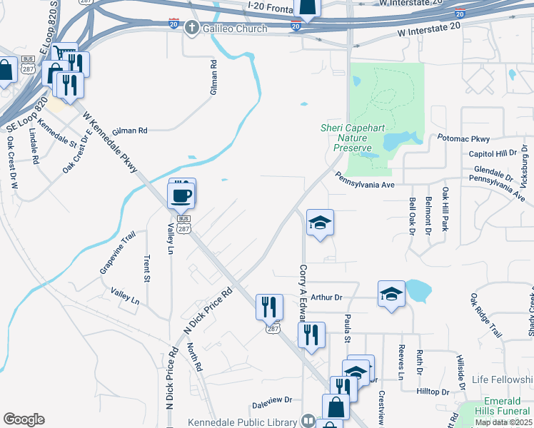 map of restaurants, bars, coffee shops, grocery stores, and more near 1021 North Bowman Springs Road in Kennedale