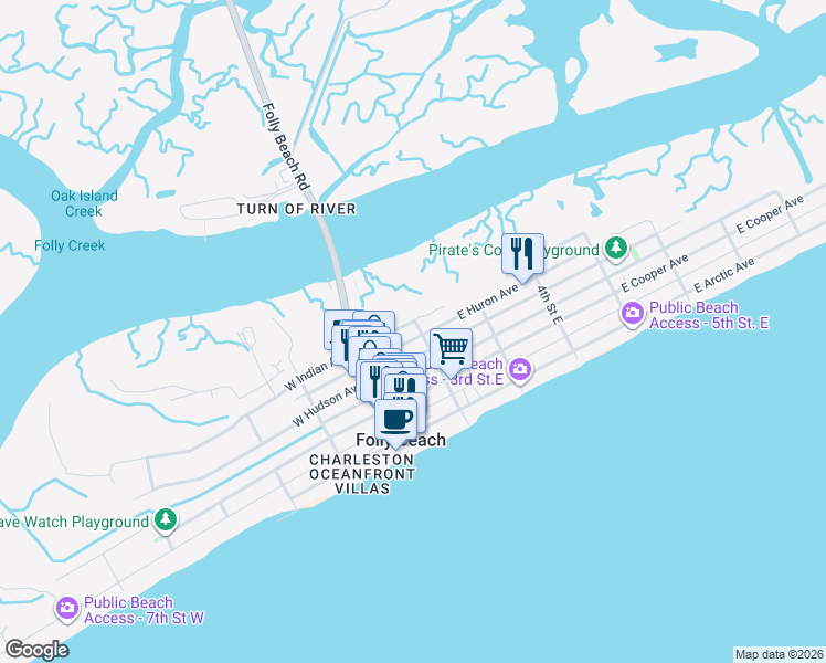 map of restaurants, bars, coffee shops, grocery stores, and more near 202 East Hudson Avenue in Folly Beach