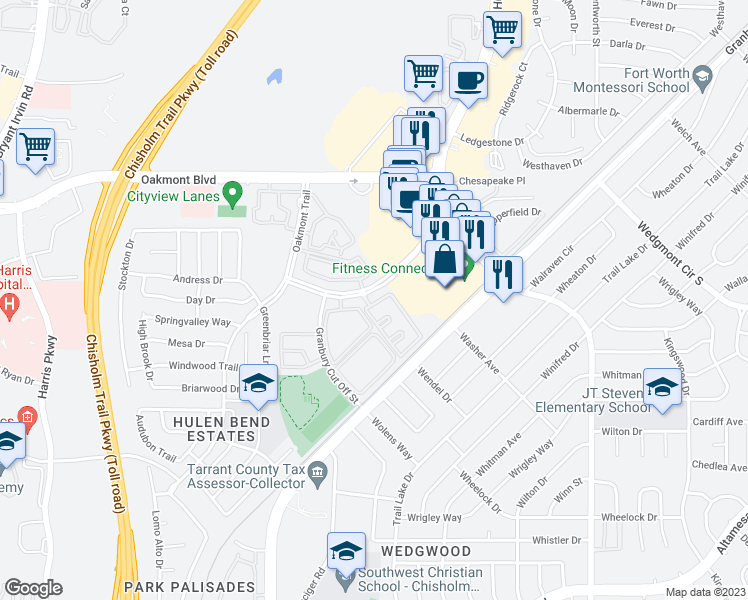 map of restaurants, bars, coffee shops, grocery stores, and more near 6355 Hulen Bend Lane in Fort Worth