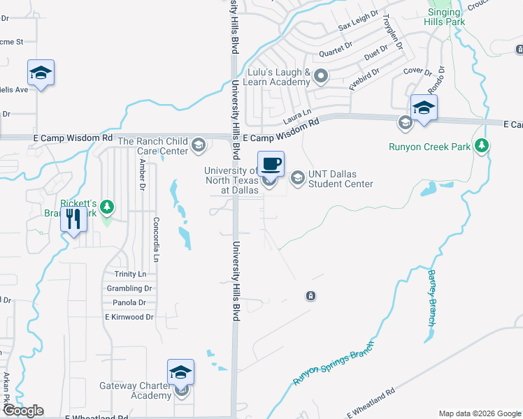 map of restaurants, bars, coffee shops, grocery stores, and more near 7300 University Hills Boulevard in Dallas