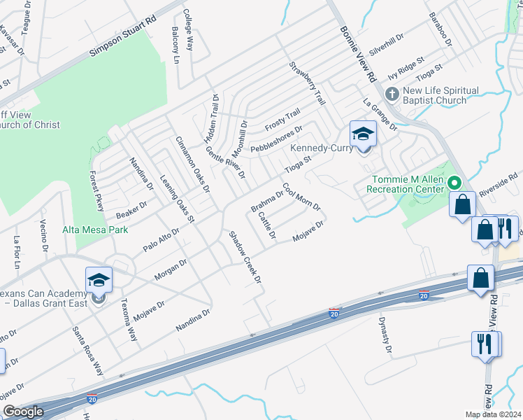 map of restaurants, bars, coffee shops, grocery stores, and more near 3428 Brahma Drive in Dallas