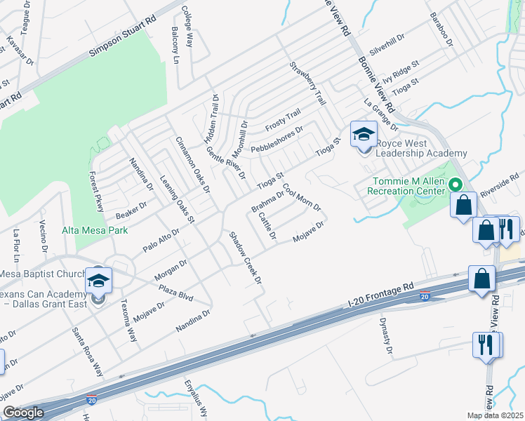 map of restaurants, bars, coffee shops, grocery stores, and more near 3428 Brahma Drive in Dallas