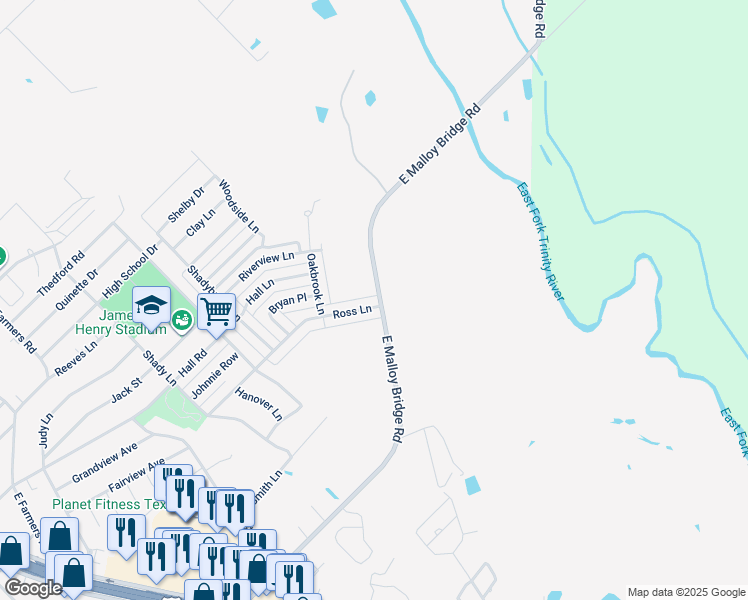 map of restaurants, bars, coffee shops, grocery stores, and more near 1421 Ross Lane in Seagoville