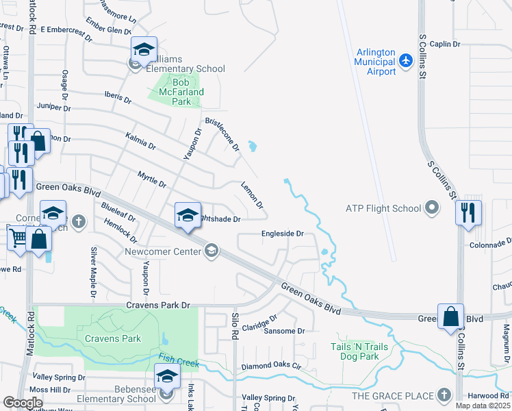 map of restaurants, bars, coffee shops, grocery stores, and more near 640 Lemon Drive in Arlington