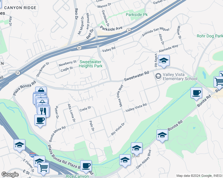 map of restaurants, bars, coffee shops, grocery stores, and more near 3680 Mesa Vista Way in Bonita