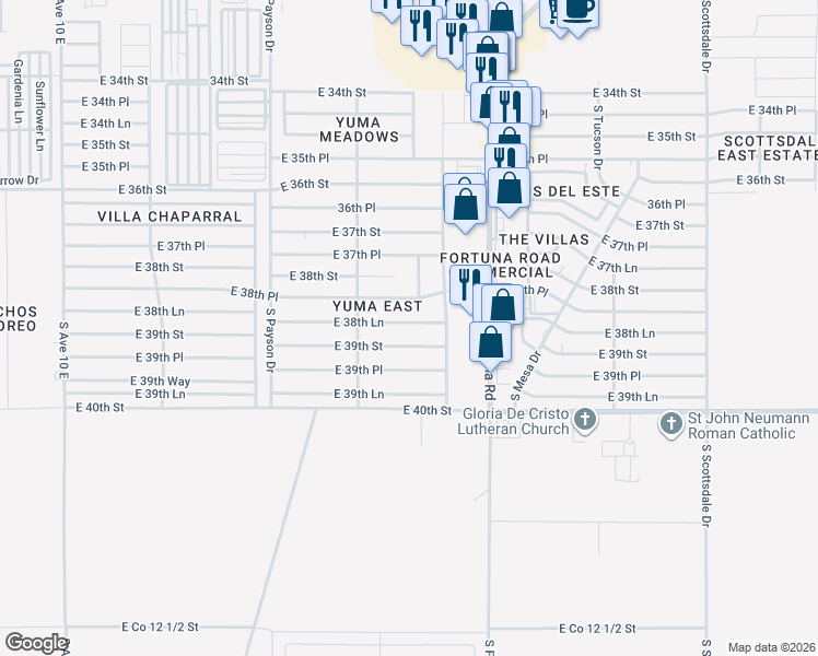 map of restaurants, bars, coffee shops, grocery stores, and more near East 39th Street in Yuma