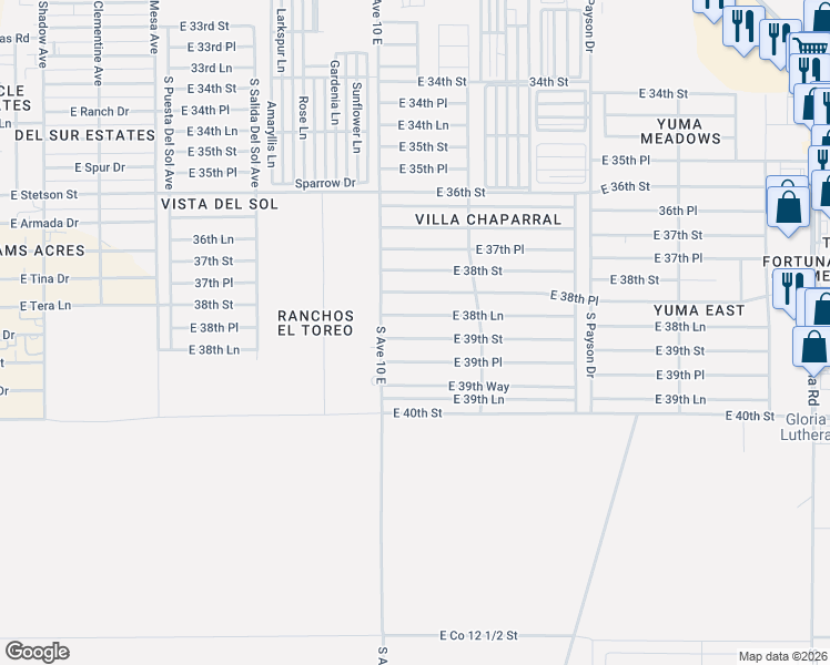 map of restaurants, bars, coffee shops, grocery stores, and more near 10131 East 39th Place in Yuma